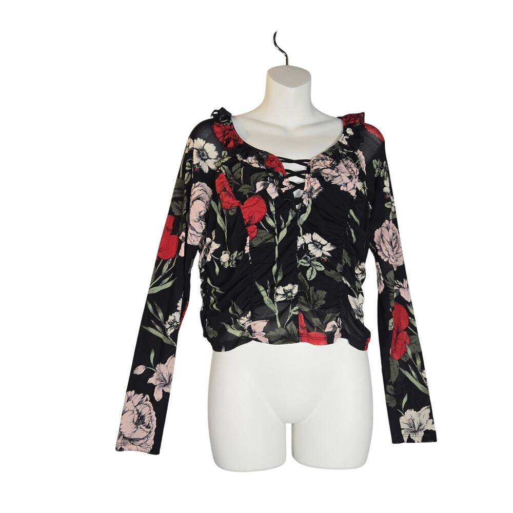 Material Girl Womens XL Top Mesh Long Sleeve Floral Stretch Goth Dark Romantic‎